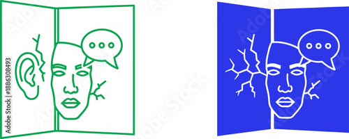 Two faces with speech bubbles and lightning bolts on green and blue background communication