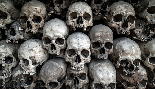 Stacked human skulls, clustered together showing the empty eye sockets and bony structures in a morbid heap