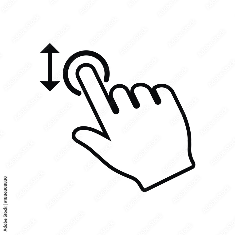 Fototapeta premium Black solid vector icon of a hand swiping. Features a finger silhouette with a curved arrow, ideal for representing screen rotation, sliding gestures, app navigation, and digital interactions.