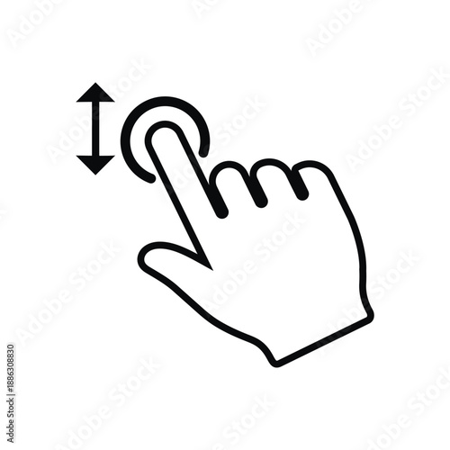 Black solid vector icon of a hand swiping. Features a finger silhouette with a curved arrow, ideal for representing screen rotation, sliding gestures, app navigation, and digital interactions.