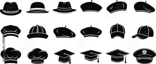Set of various black headwear vector icons containing fedora baseball cap beret chef toque and graduation hat isolated on white background for fashion logo