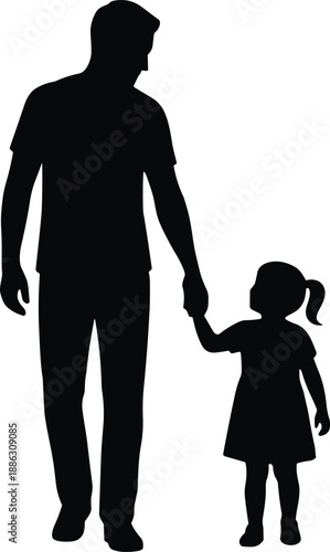 Silhouette of father holding hands with daughter walking together isolated on white background illustrating happy family bonding love parenting and childhood care vector concept