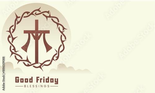 A vector design for Good Friday featuring a cross with a crown of thorns on a cream background with a subtle sun and clouds