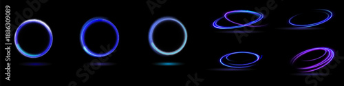 Neon swirl. Curve blue line light effect. Abstract ring background with glowing swirling background. Energy flow tunnel. Blue portal, platform. Magic circle vector.