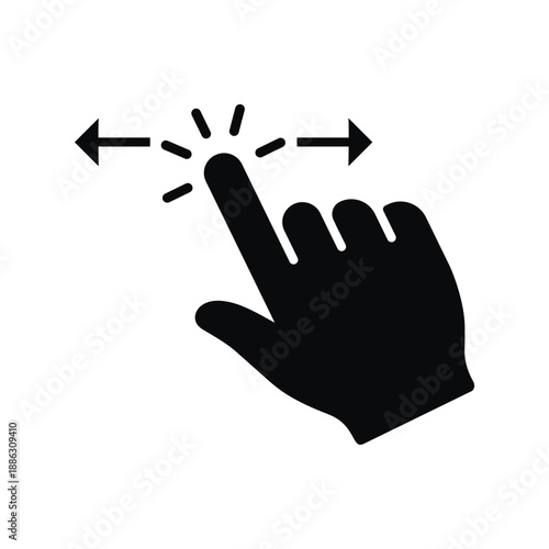Black solid vector icon of a hand swiping. Features a finger silhouette with a curved arrow, ideal for representing screen rotation, sliding gestures, app navigation, and digital interactions.