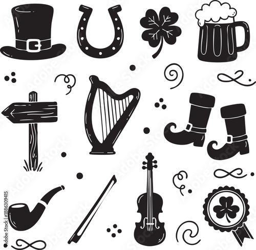 St Patrick’s Day Irish Culture and Music Symbols Silhouette Set