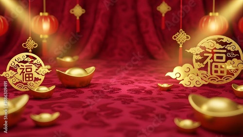 Chinese new year backdrop with golden ingots coins clouds prosperity symbol and red silk dragon texture curtain background for holiday celebration