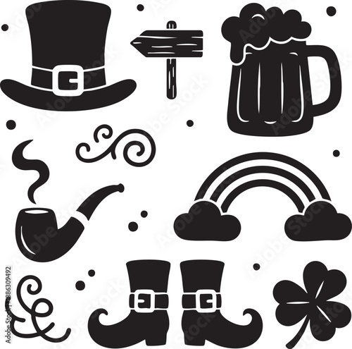St Patrick’s Day Leprechaun and Lucky Symbols Silhouette Icon Set