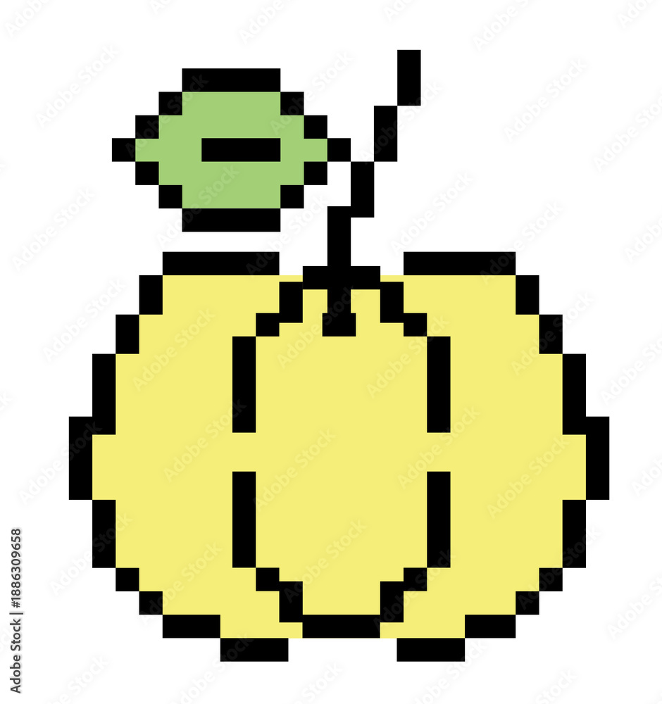Obraz premium Pixel art illustration of yellow pumpkin for decoration, food icon, grocery shopping, cartoon, supermarket, print, nature, garden, healthy ingredient, cook book, organic fruit, summer vibe, Halloween