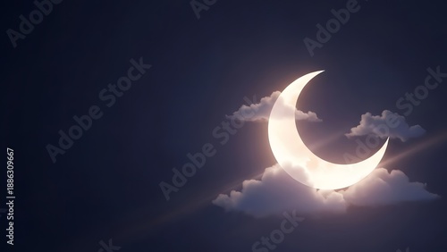 Bright crescent moon shining in dark night sky above soft fluffy clouds at midnight