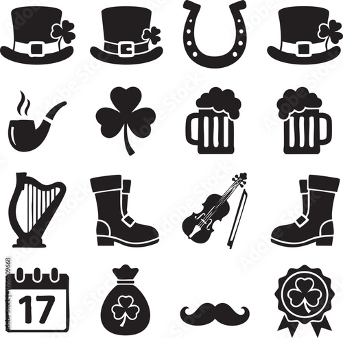St Patrick’s Day Irish Icons and Lucky Symbols Silhouette Set
