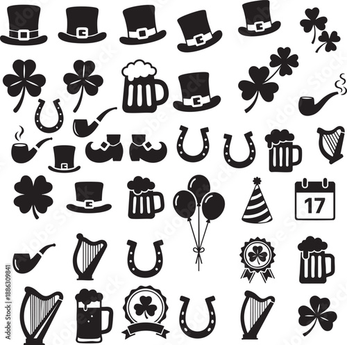 St Patrick’s Day Irish Symbols Pattern Silhouette Icon Set