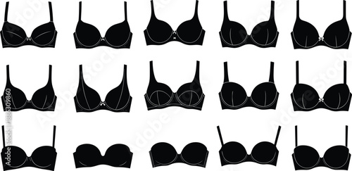 Vector collection of black bra silhouettes featuring different lingerie styles and shapes for women's underwear fashion design, clothing retail shops, and textile industry