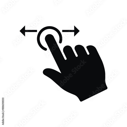 Black solid vector icon of a hand swiping. Features a finger silhouette with a curved arrow, ideal for representing screen rotation, sliding gestures, app navigation, and digital interactions.