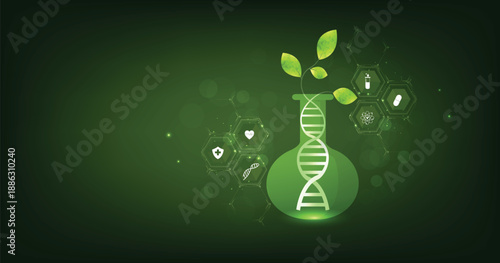 Biology medical and technology concept. Green plant leaves growing from DNA molecule helix in test tube on green background.