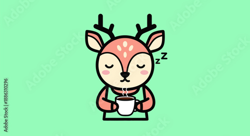 Cartoon deer sipping coffee and sleeping