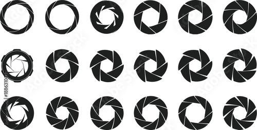 Vector collection of black camera shutter and lens aperture icons showing different opening levels for photography logo design and optical technology concepts.