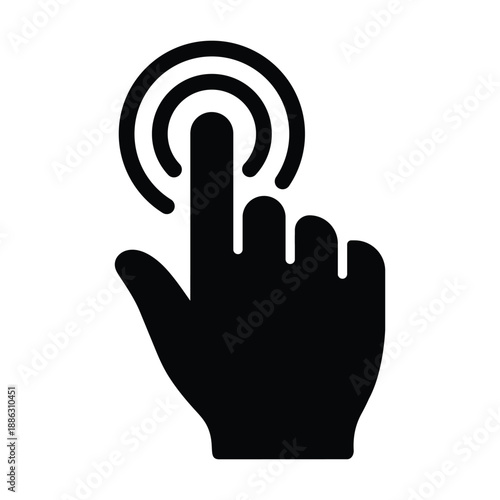Black solid vector icon of a hand clicking. Minimalist silhouette of a finger touching a target or button, representing digital interface, web navigation, app interaction, and selection sign.