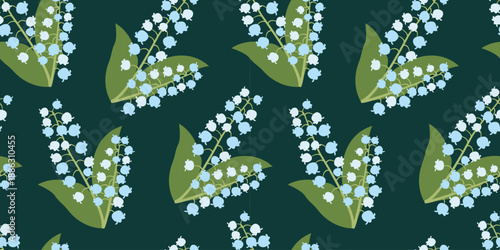 Floral Seamless Pattern with Spring May Lilies of the Valley on Green Alexandrite Background. Seamless Pattern with white forest flowers. Vector illustration Template for Textiles Packaging Background