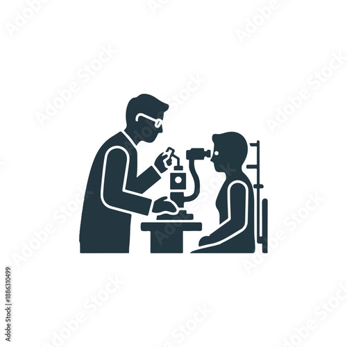 Optometrist examining a patient's eyes with an ophthalmoscope in a clinical setting