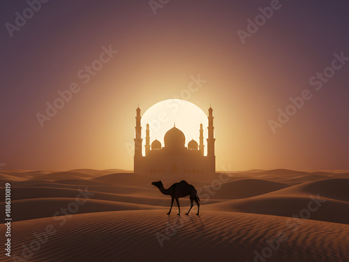 Wallpaper Mural Majestic mosque silhouette stands in desert during silent sunset calm Torontodigital.ca