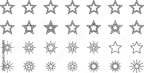 Grid of star icons in varied styles, illustrating decorative elements and sparkle effects for design use