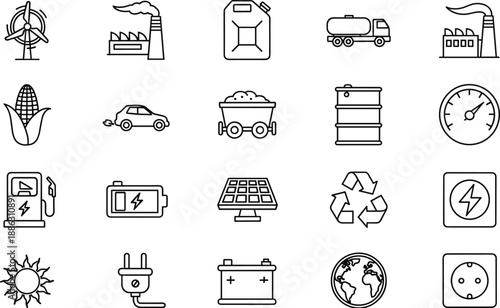 Line icons representing energy, environment, and sustainability concepts including renewable sources, pollution, and digital interaction