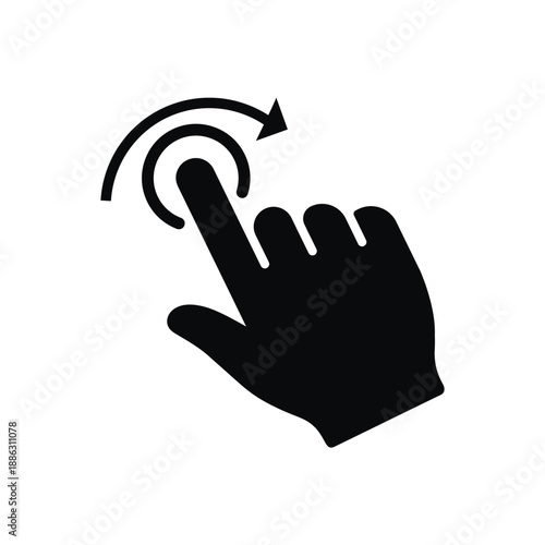 Black solid vector icon of a hand swiping. Features a finger silhouette with a curved arrow, ideal for representing screen rotation, sliding gestures, app navigation, and digital interactions.
