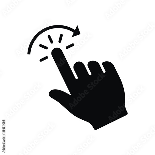 Black solid vector icon of a hand swiping. Features a finger silhouette with a curved arrow, ideal for representing screen rotation, sliding gestures, app navigation, and digital interactions.