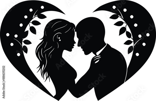 Romantic silhouette of a couple embracing within a heart shape