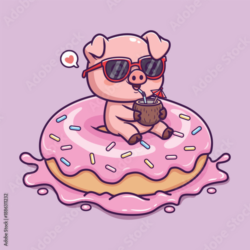 Cute Cartoon Pig Relaxing in Pink Donut with Coconut Drink and Sunglasses Vector Illustration