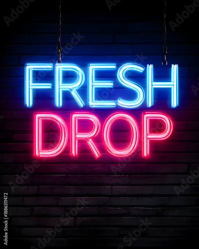 Fresh Drop Blue Neon Sign On Dark Wall