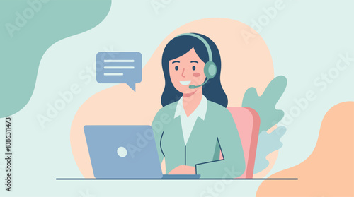 A friendly customer service representative wearing a headset and smiling while working on a laptop.