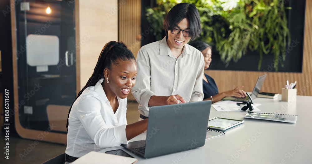 Fototapeta premium Excited, smile and business people on laptop with success for project, article and teamwork. Publishing agency, coworking office and man with woman celebrate submission, review and editing proposal