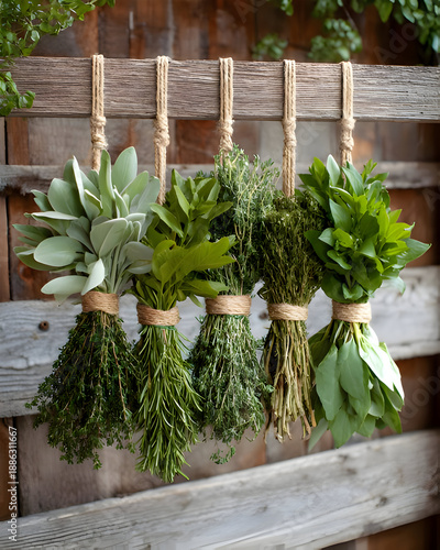 Hanging Fresh Herbs In Rustic Kitchen