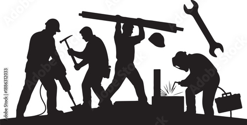 Set of black silhouettes featuring manual workers, including lumberjacks, construction laborers, and groundskeepers, in various working poses with tools, representing industry and hard work.