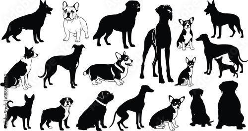 Dog silhouettes collection set black white vector icons of different breeds poses isolated for pet design projects marketing branding illustration