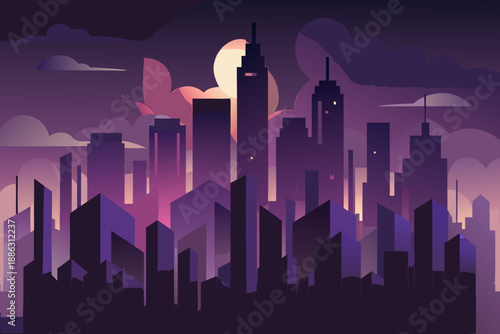 Abstract dark cityscape with purple and pink gradient sky and tall buildings skyscrapers