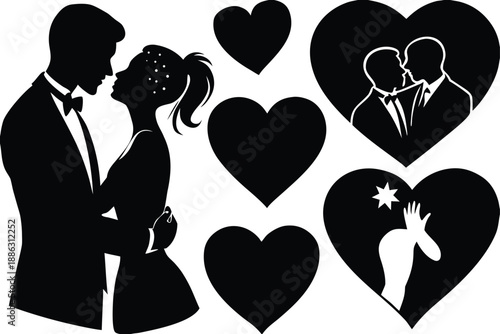 Silhouette wedding couple and same-sex couple embracing within hearts