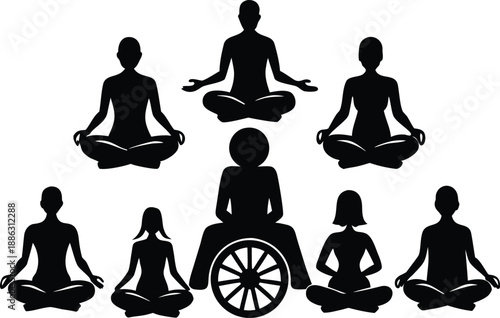 Diverse group of people practicing yoga in a meditative pose