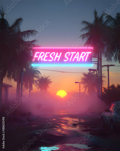 Fresh Start Neon Message With Palm Tree Sunset