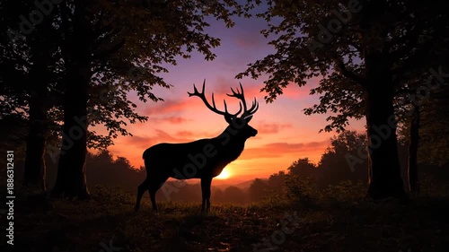 A wild black buck stag with large antlers stands as a majestic wildlife silhouette against a nature sunset in this vector illustration of a deer