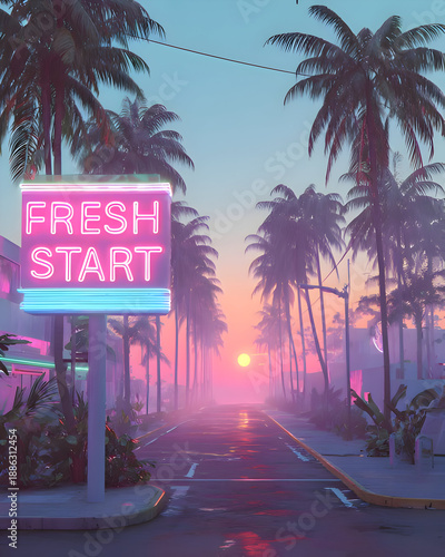 Fresh Start Neon Sign With Tropical Sunset