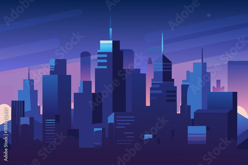 Dark purple and blue city skyline with tall skyscrapers and soft gradient background buildings