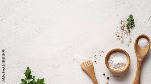Salt and Herbs on White Background.