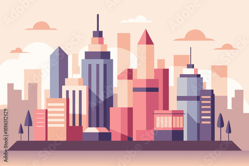 Minimal city background with simplified buildings and trees in pastel colors cityscape skyscrapers 1