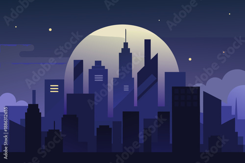 Minimal dark city background with simplified buildings and a large moon cityscape night 1 skyscrapers