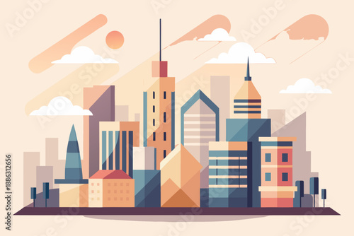 Minimal city background with simplified buildings and warm sky cityscape abstract warm colors