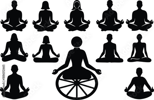 Diverse group of people practicing yoga in lotus pose silhouettes