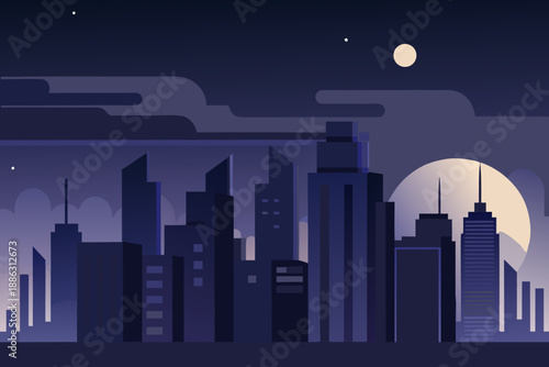 Minimal dark city background with simplified buildings and a large moon skyline night 1